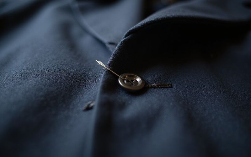 Hand sewn buttonhole in progress with needle and silk thread