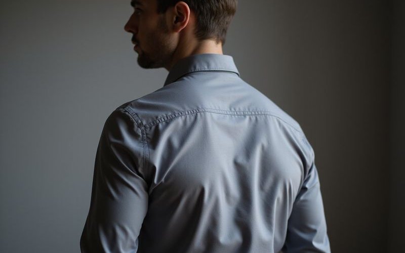 Side view of dress shirt showing proper body fit without billowing
