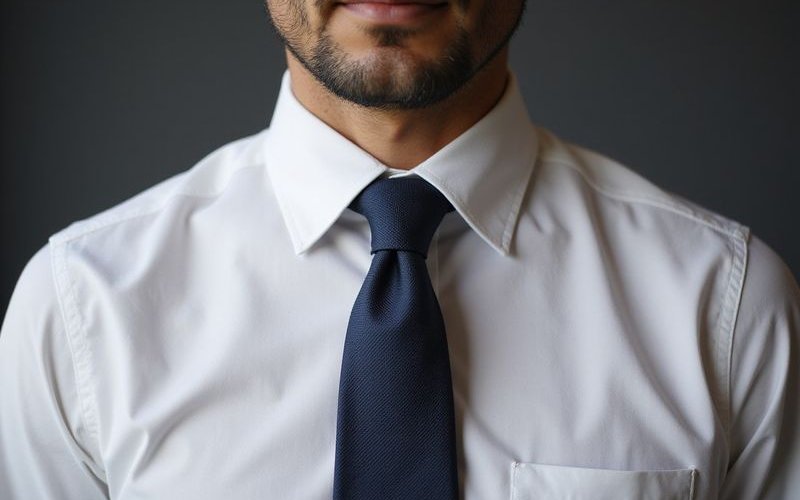 Spread collar dress shirt with windsor knot tie