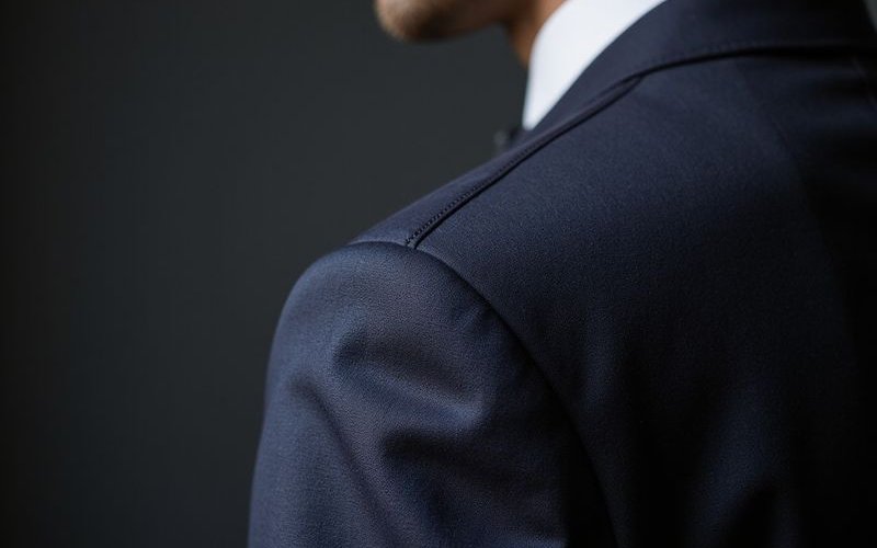 Suit jacket shoulder seam detail showing proper alignment