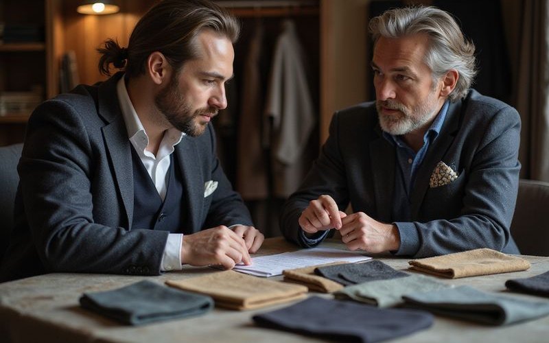 Tailor discussing fabric options with client over fabric swatches